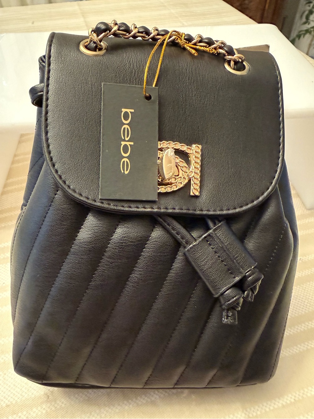bebe Black Quilted Mini Backpack with Gold Chain Hardware